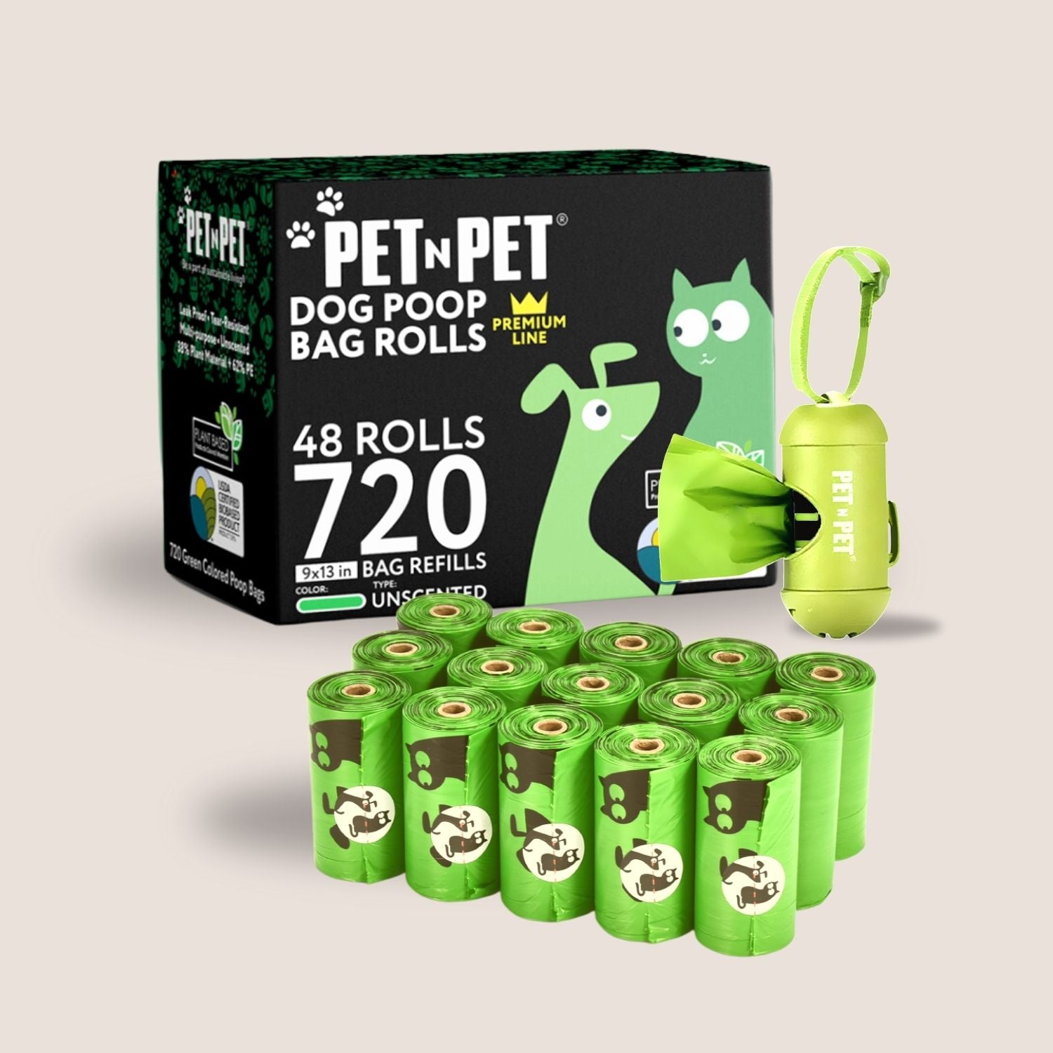 Pet N Pet dog poop bag rolls packaging with green bags and a carrying case on a beige background