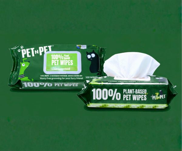 Two packages of PET-N-PET 100% plant-based pet wipes on a green background