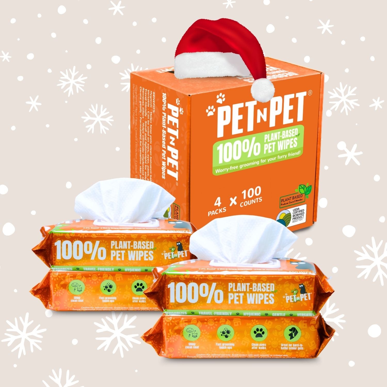 Pack of Pet N Pet training pads with a puppy wearing a Santa hat on a light gray background
