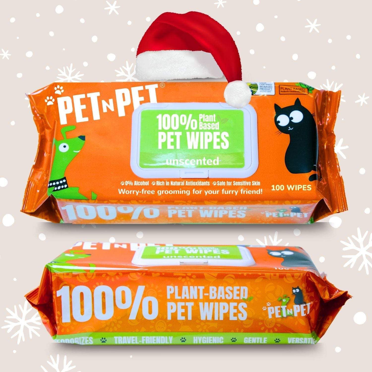 Packaging of PET N PET plant-based pet wipes with a Santa hat on a light background