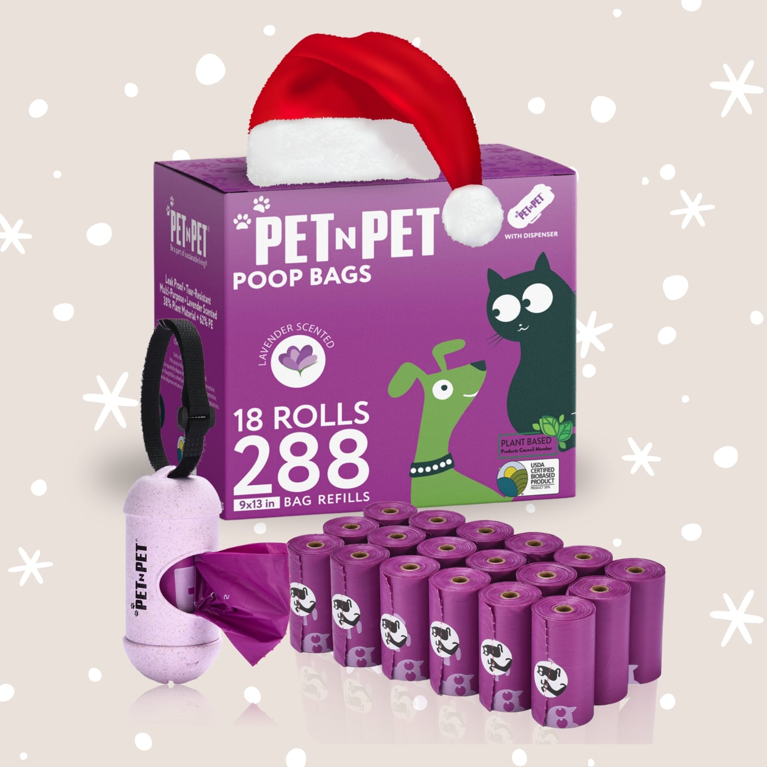 Pet-Pet poop bags packaging with a Santa hat on a light background