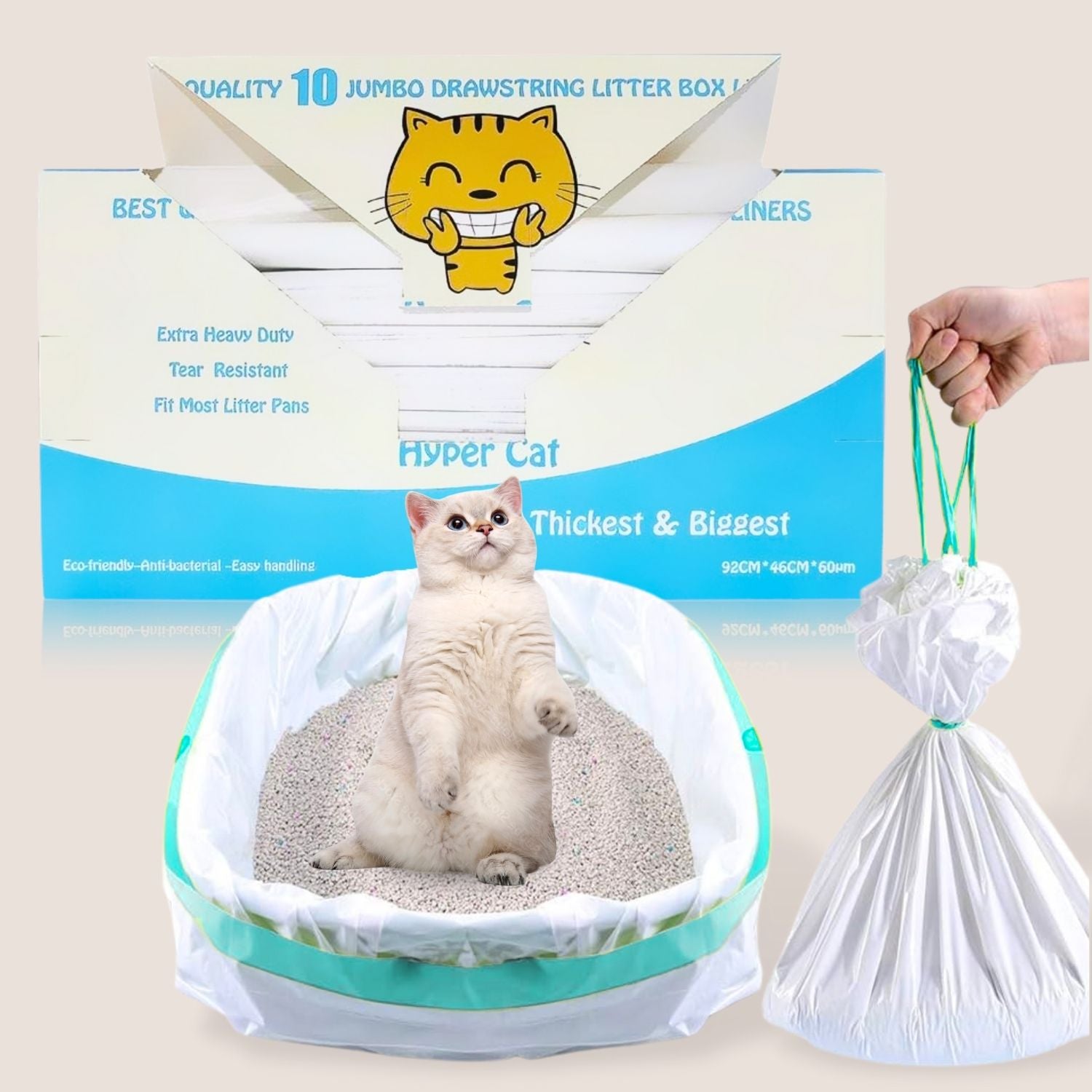 Cat using a litter box with a Hyper Cat product packaging in the background