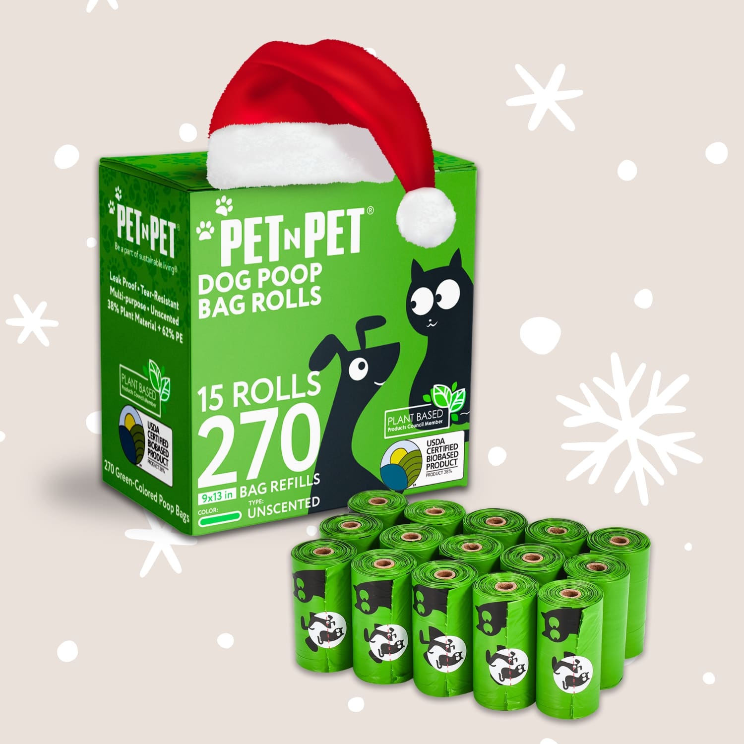 Box of Pet n Pet dog poop bag rolls with green bags and a Santa hat on a light beige background.