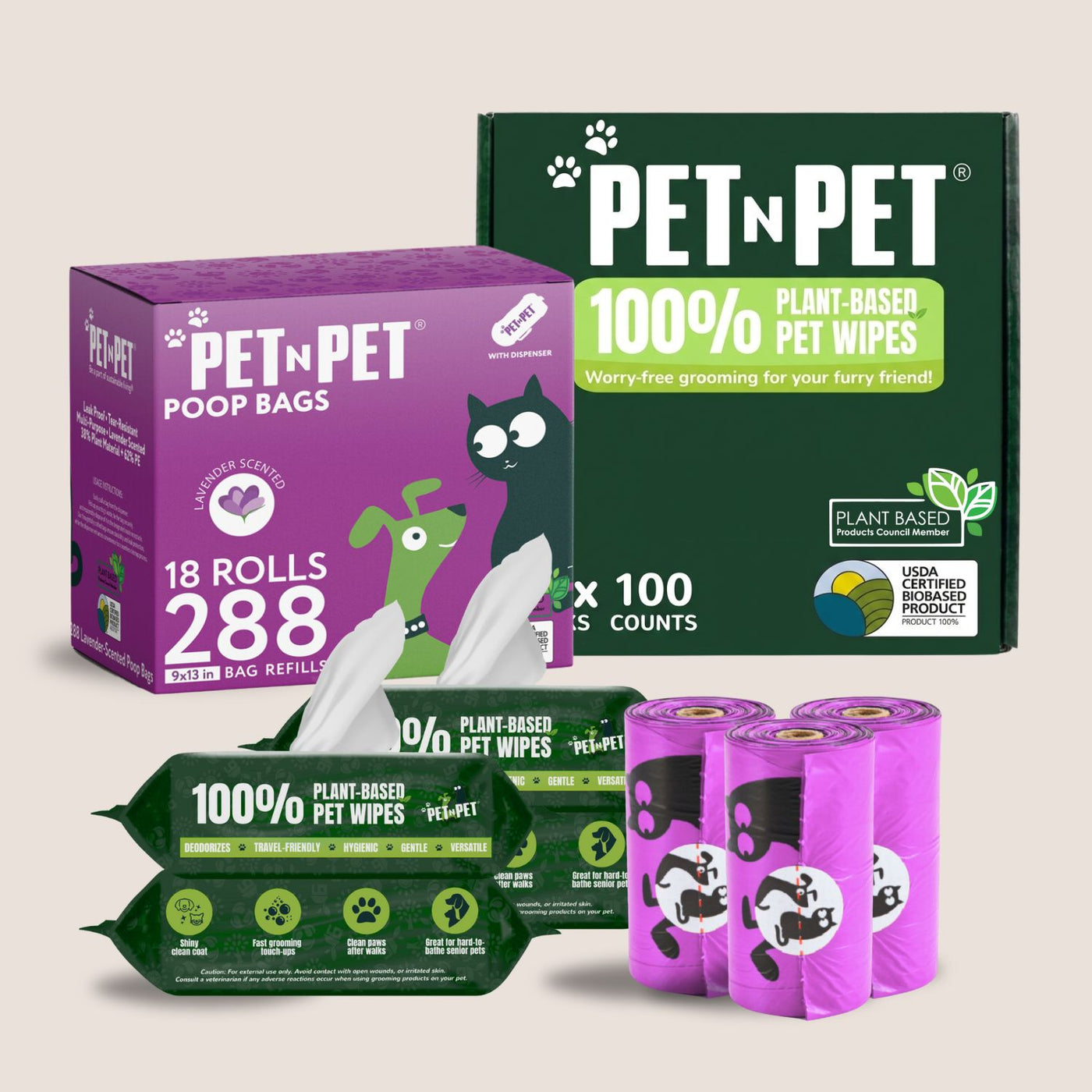 Pet N Pet products including poop bags and plant-based pet wipes on a light beige background