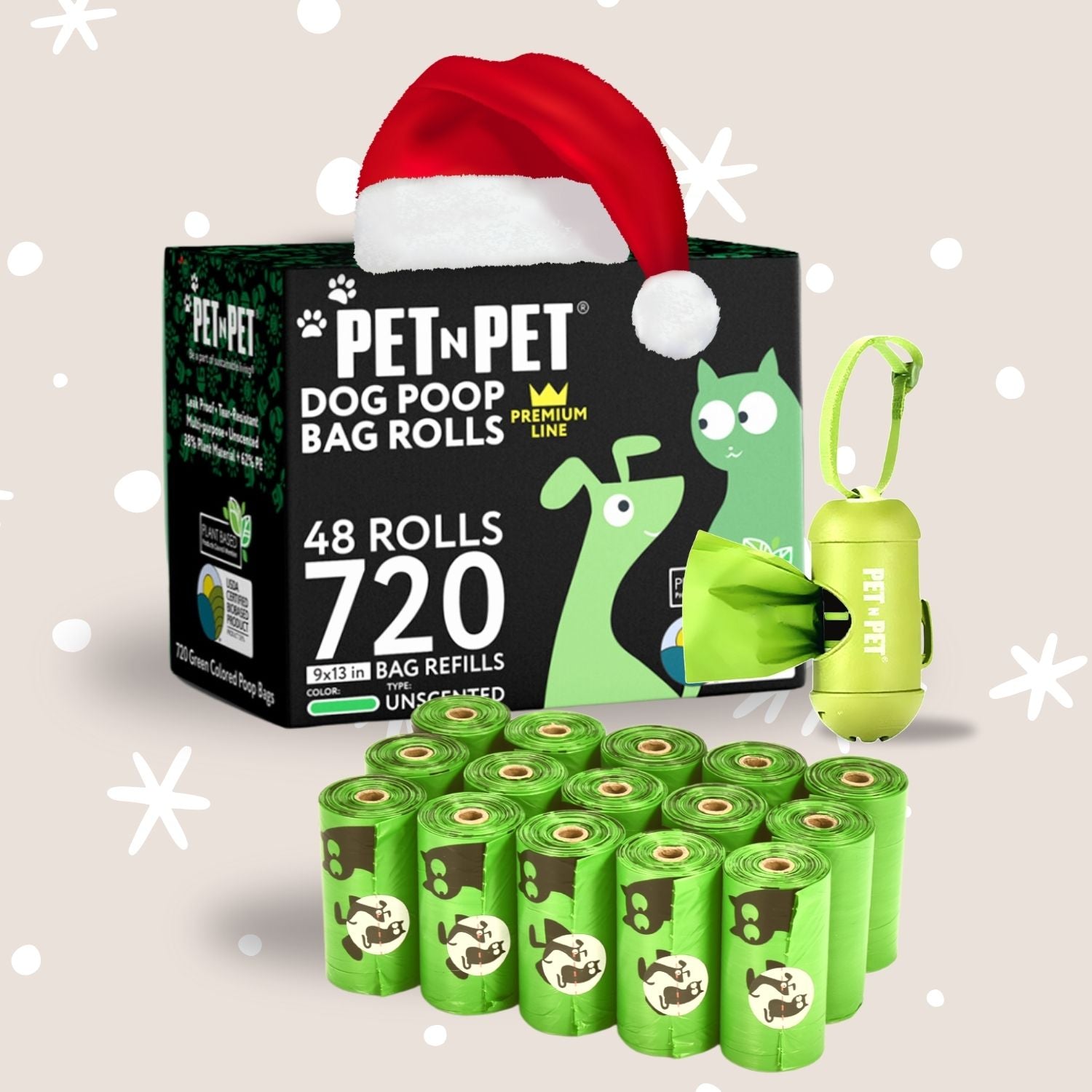 Pet N Pet dog poop bag rolls with a green dispenser and Santa hat on a light background