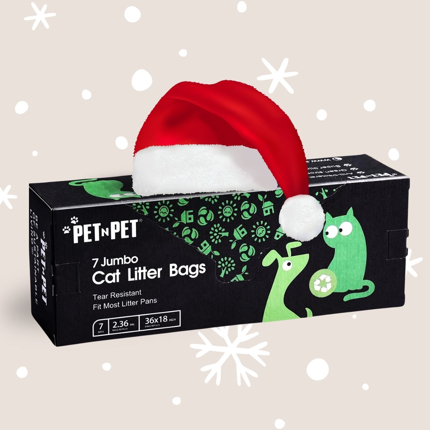 Box of Pet 'n Pet cat litter bags with a Santa hat on a light background