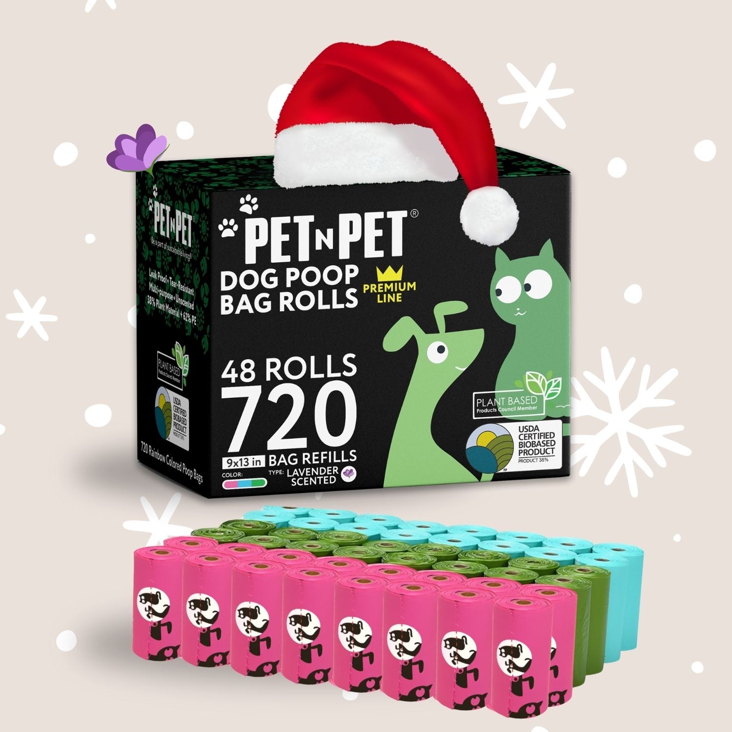 Pet N Pet Christmas themed dog poop bag rolls image displaying a 48 roll 720 count box with multicolor poop bag rolls arranged below, Santa hat on the box, and a soft holiday snowflake background.