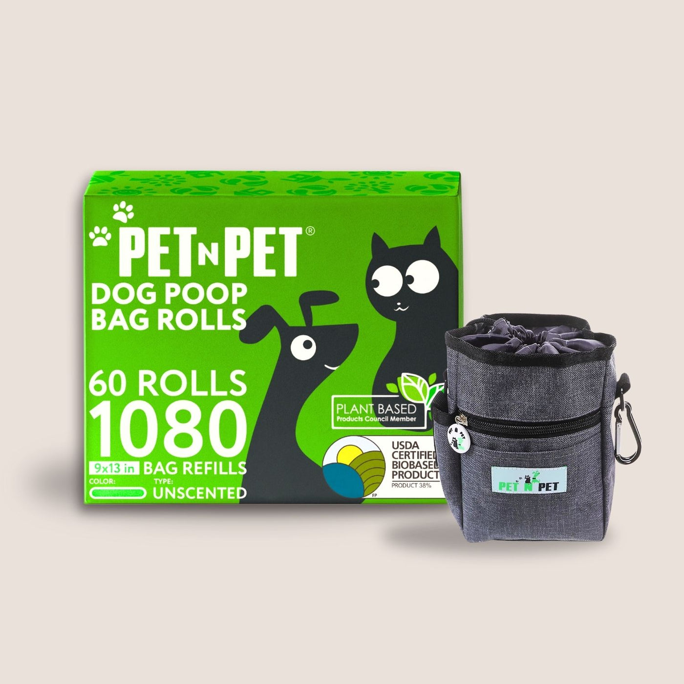 Pet N' Pet dog poop bag rolls packaging with a gray bag on a beige background