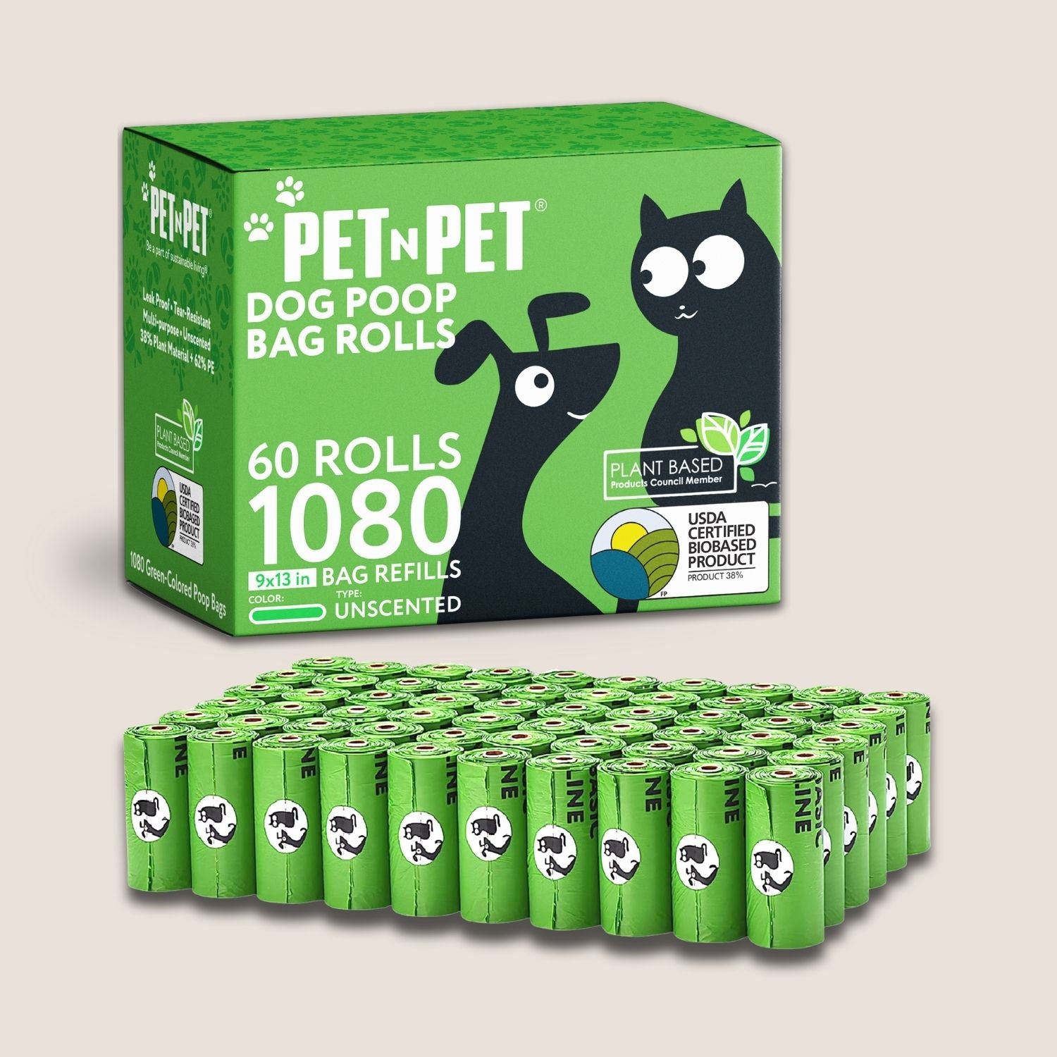 Box of Pet 'N Pet dog poop bag rolls with multiple bags stacked below on a light gray background