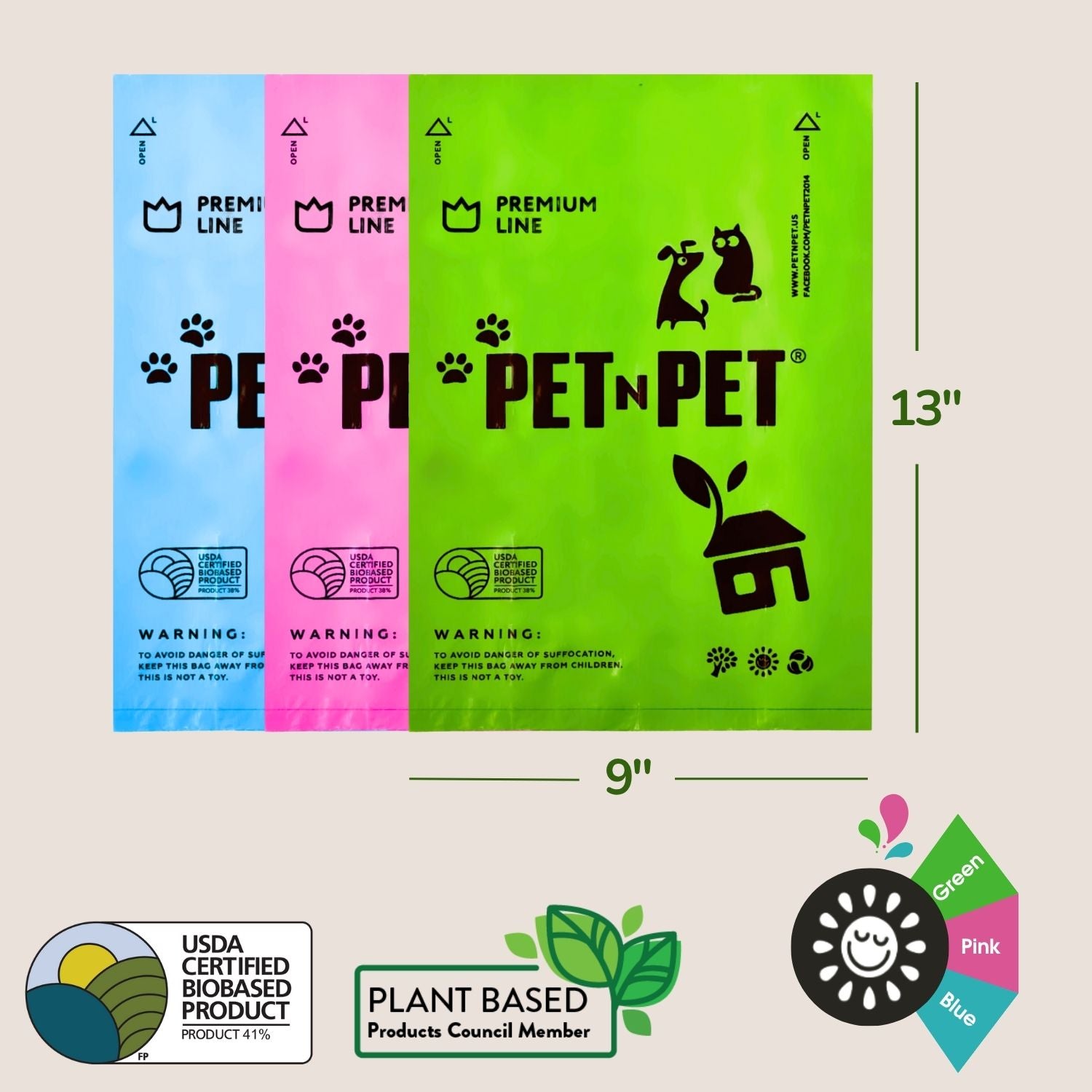 Three Pet N Pet product packages in blue, pink, and green with branding and certification logos.