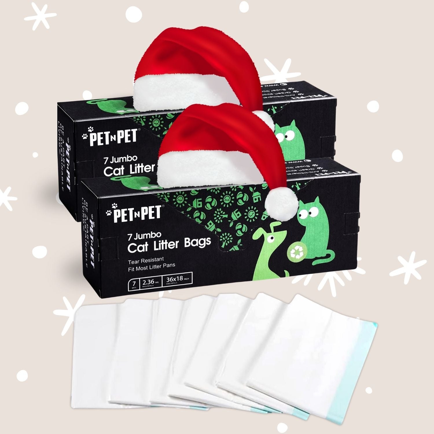 Cat litter bags with a Santa hat on top of a box labeled 'PetNPet' on a beige background.