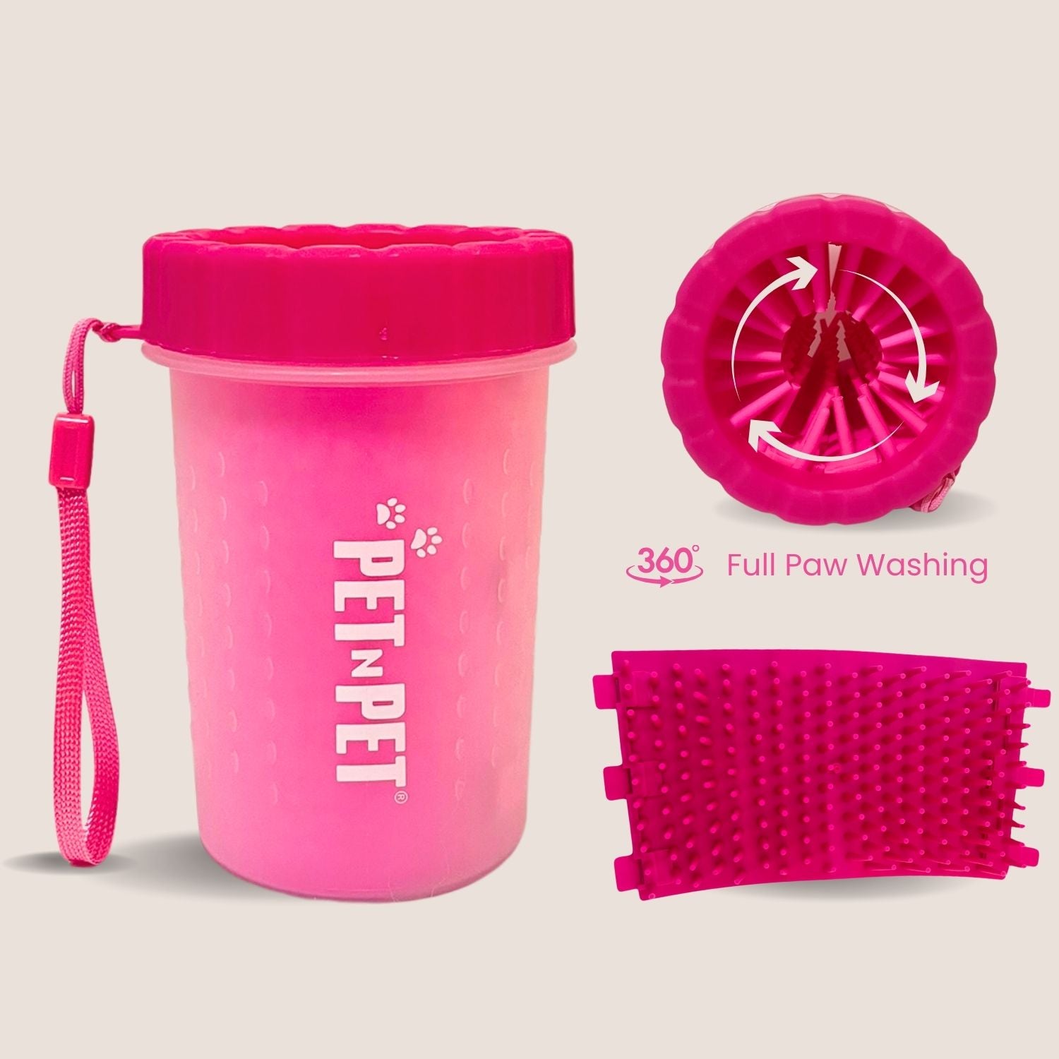 Pink pet paw washing device with cleaning brush and packaging on a beige background