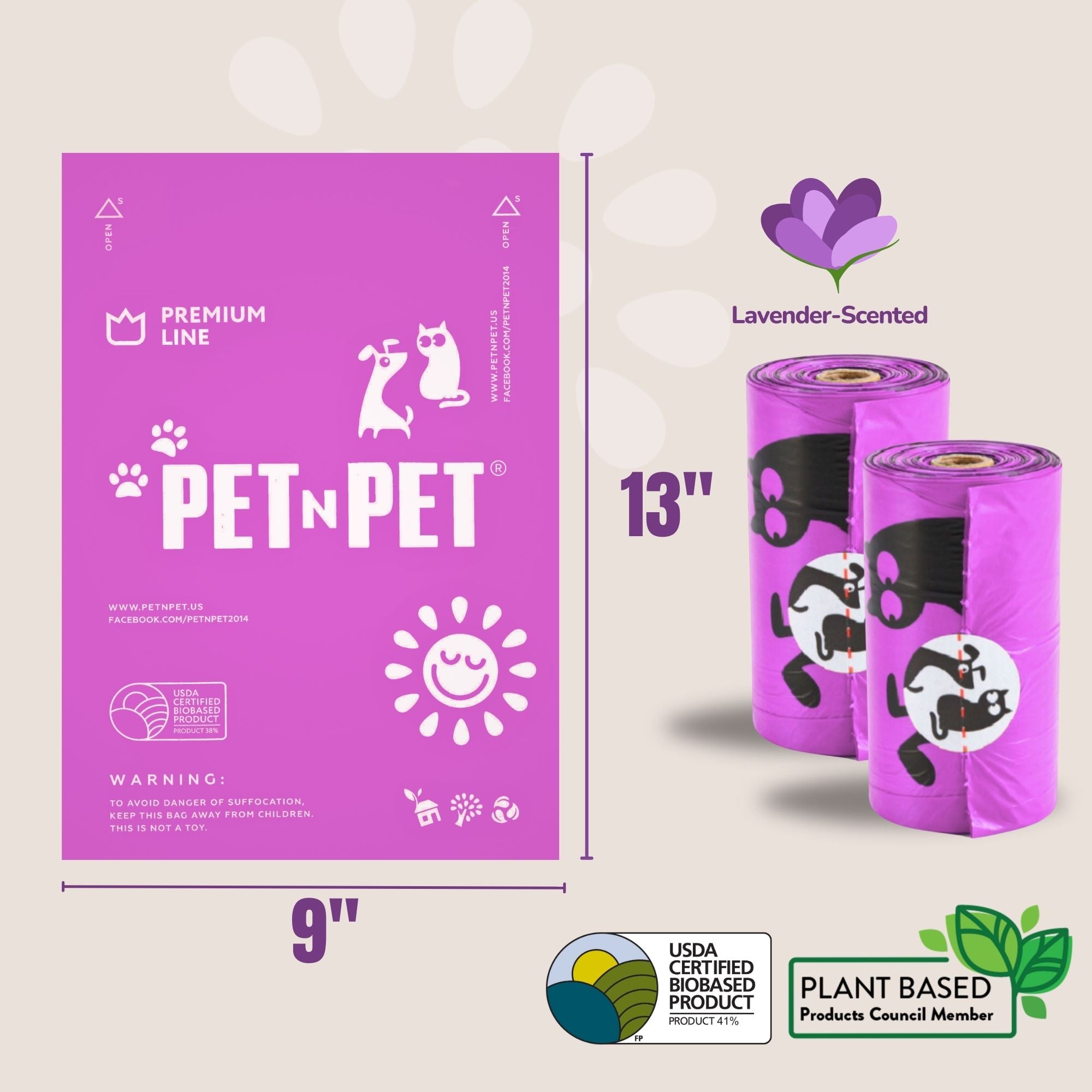 Purple PET N PET product packaging with dimensions and branding details on a light background