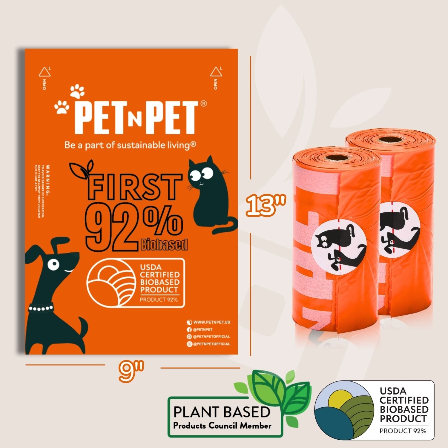 PET N PET biodegradable product packaging with two rolls on a white background