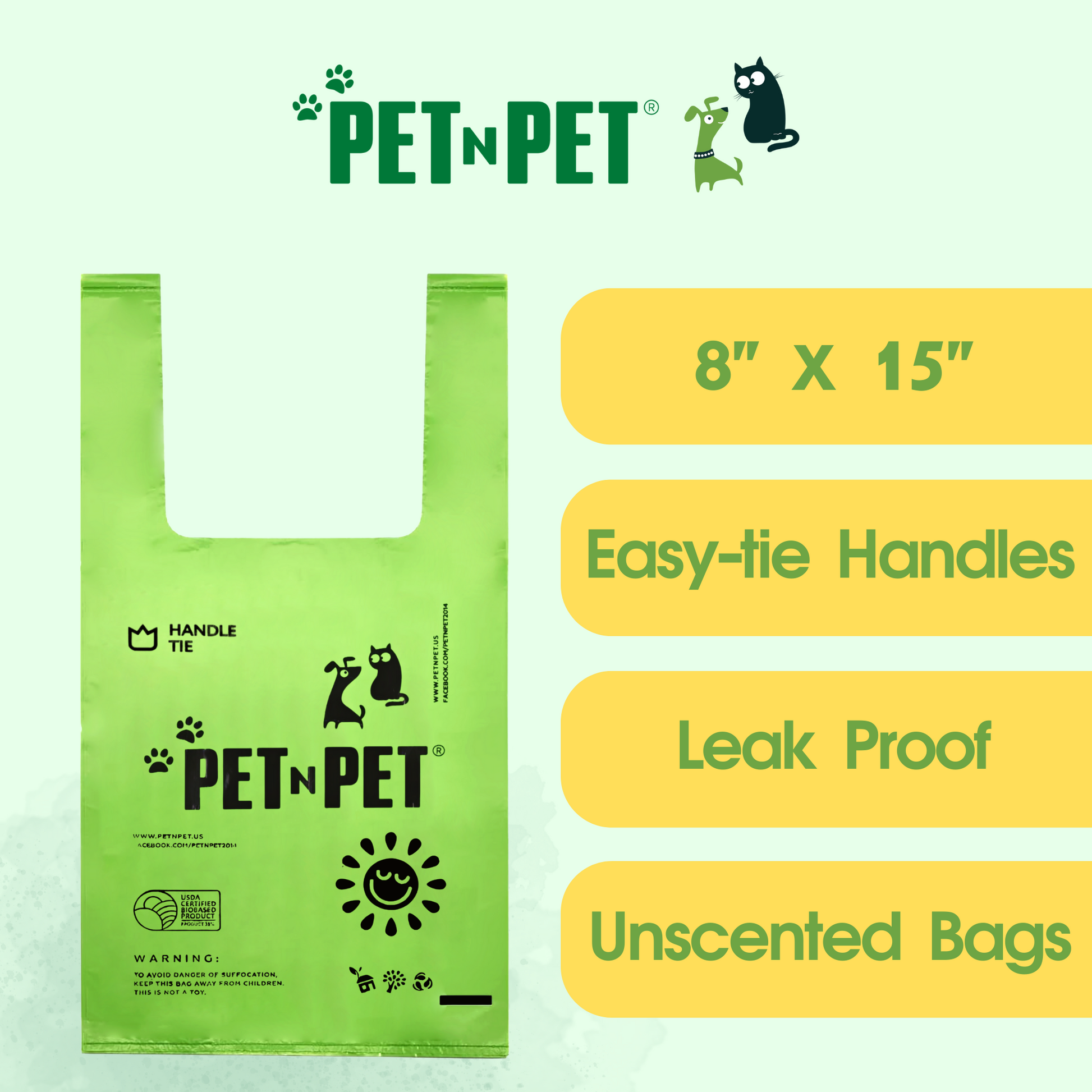PET N PET Poop Bags 200 Counts Unscented, Dog Poop Bags with Easy Tie Handles Dog Waste Bags, Cat Litter Bags 8 x 15 inch, Completely Leak Proof, Easy Dispensing