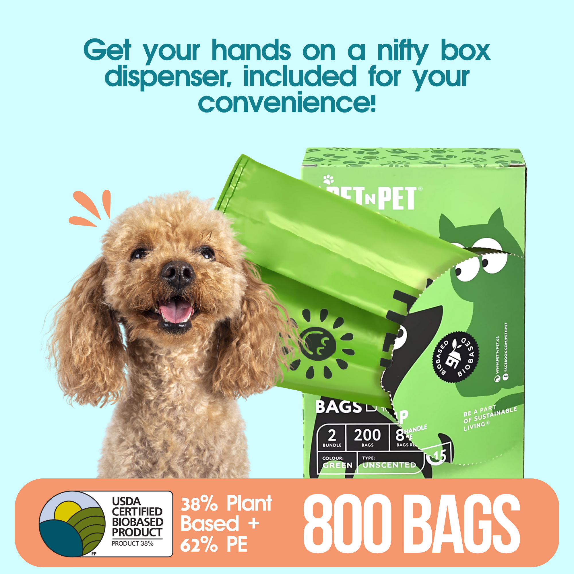 Pet N Pet Dog Poop Bag, Unscented Dog Poop Bags Refills, Dog Bags For Poop With Tie Handles, 800 Counts Dog Waste Bags 38% Plant Based & 62% PE Doggie Poop Bags