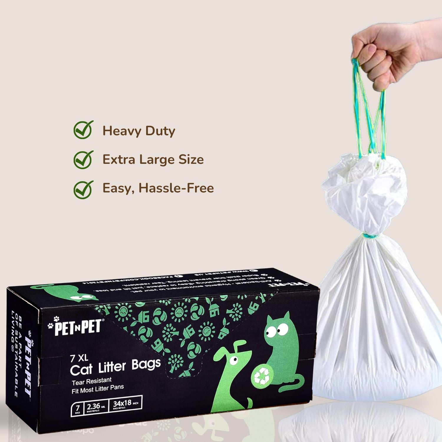 Pet litter bags packaging with a hand holding a bag, on a beige background.