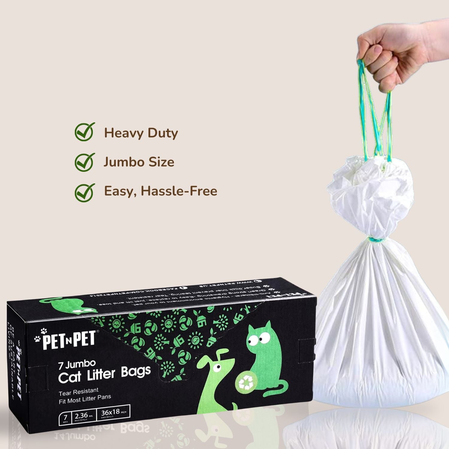 Pet litter bags with a hand holding one, box of pet litter bags, and text highlighting features.
