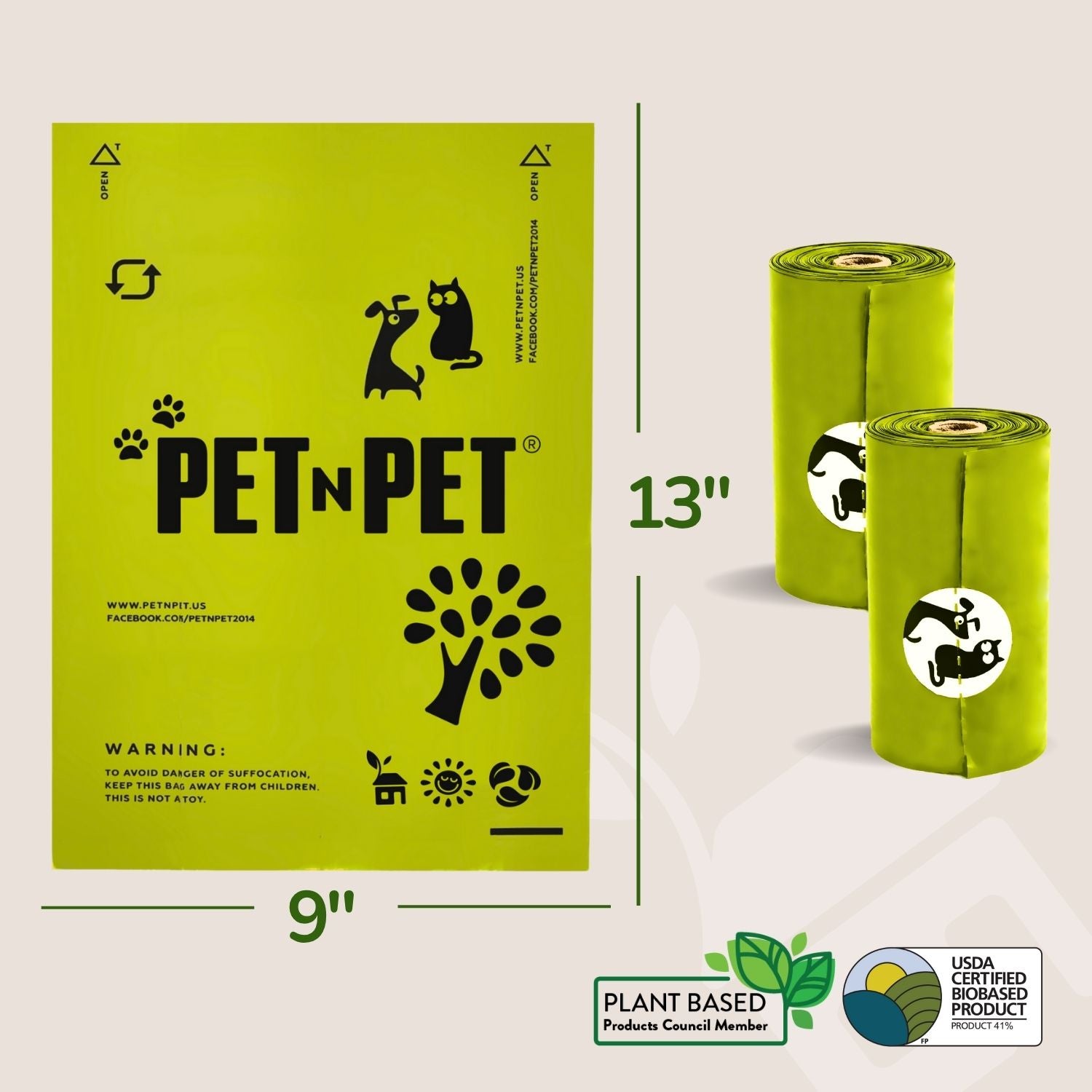 Green PET n PET product packaging with dimensions and certification logos on a white background