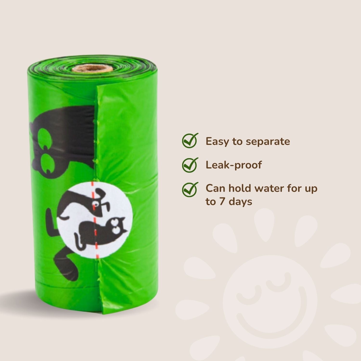 Roll of green dog waste bags with icons and text on a beige background