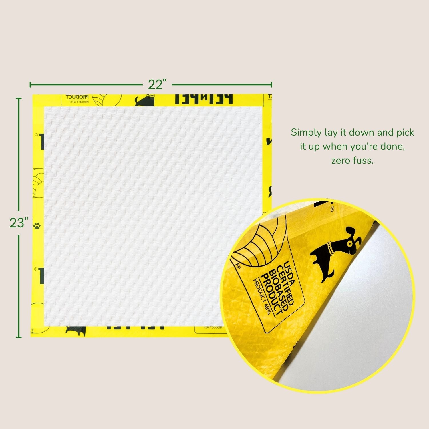 Yellow pet training pad with measurements and text on a beige background