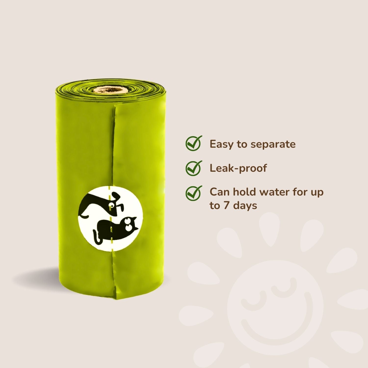 Roll of green pet waste bags with icons and text on a beige background