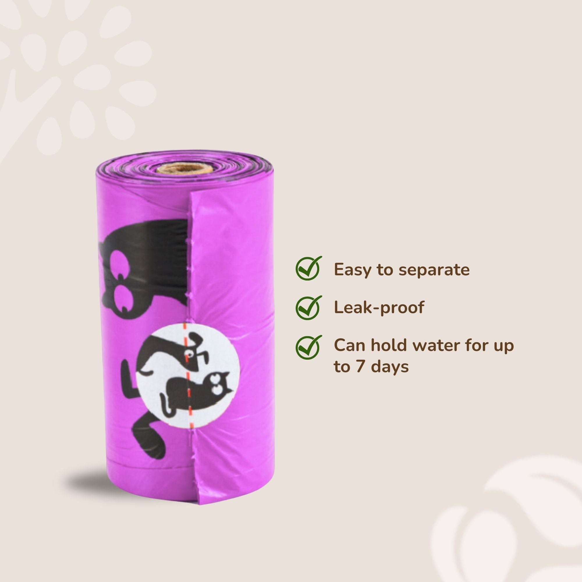 Purple dog waste bags with a brand logo on a beige background