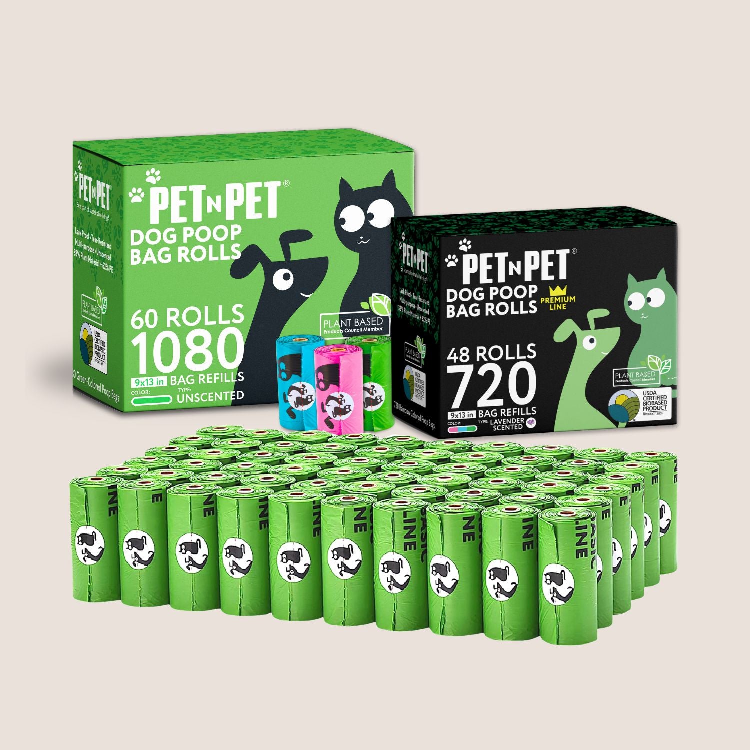 Pet-N-Pet dog poop bag rolls packaging with green and black boxes and multiple green bags on a beige background.