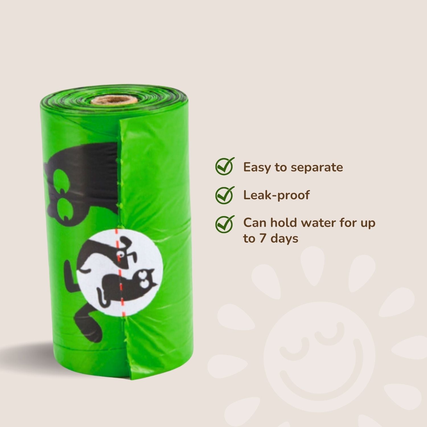 Green roll of pet waste bags with icons and text on a beige background