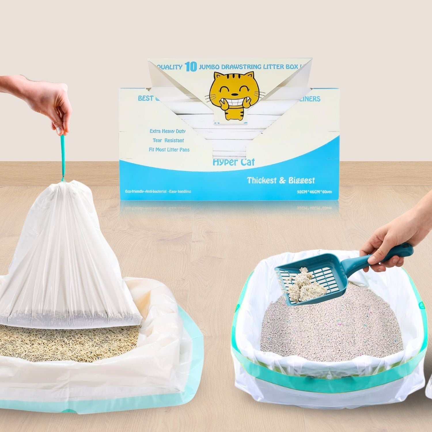 Cat litter bag with drawstring, litter scoop, and packaging on a beige surface.