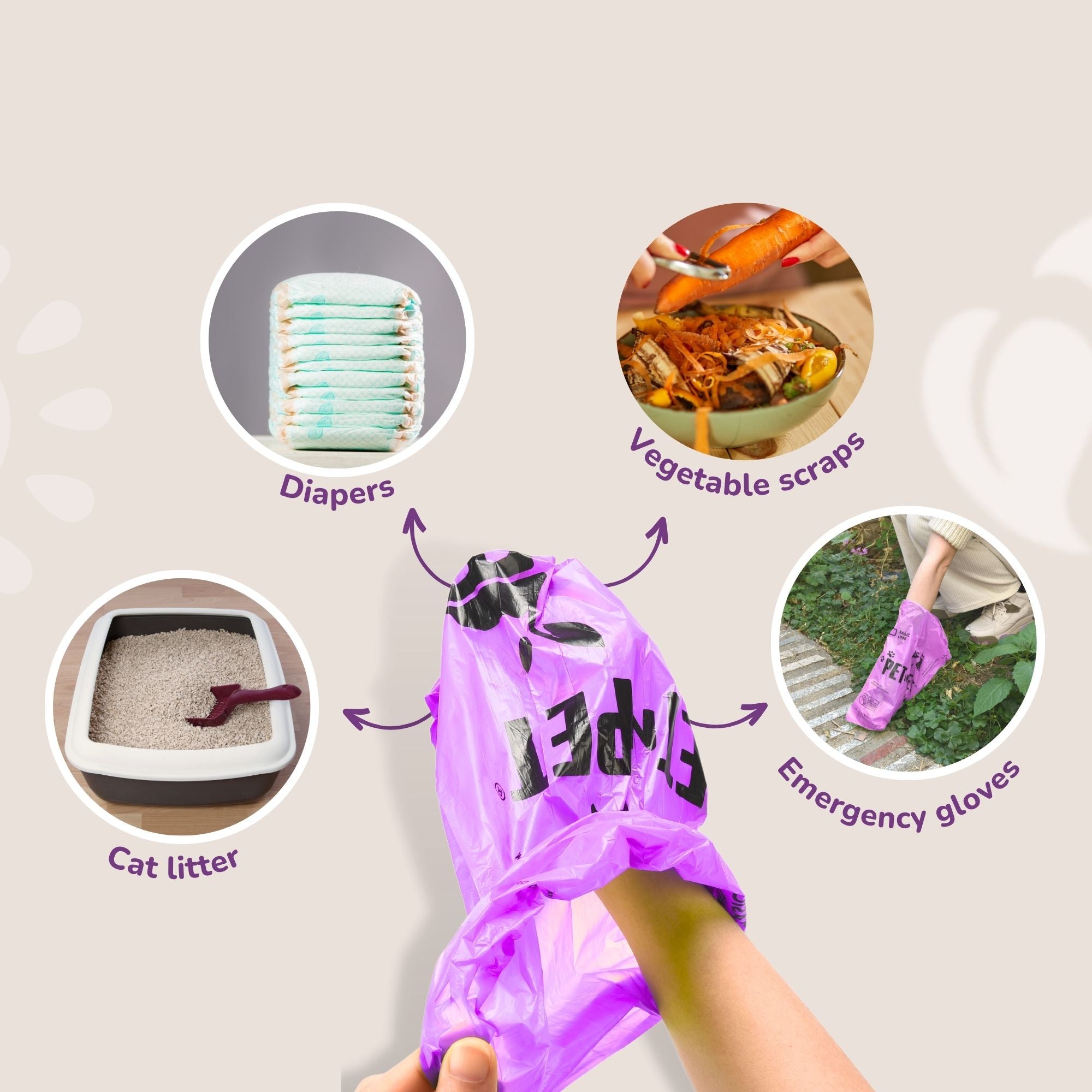 Purple gloves labeled 'PET N PET' with various uses depicted around them on a light background.