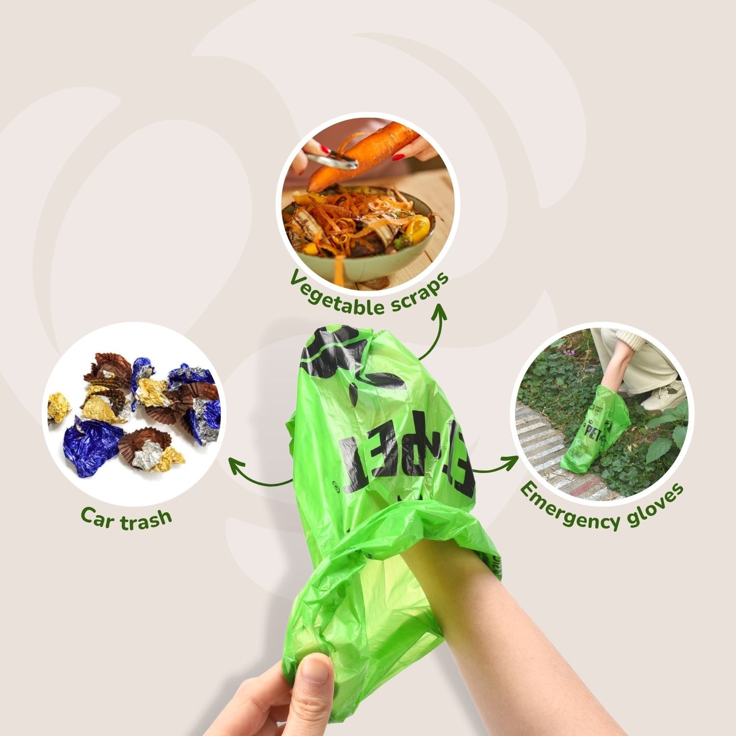 Green trash bag with text labels for vegetable scraps, car trash, and emergency gloves on a white background.