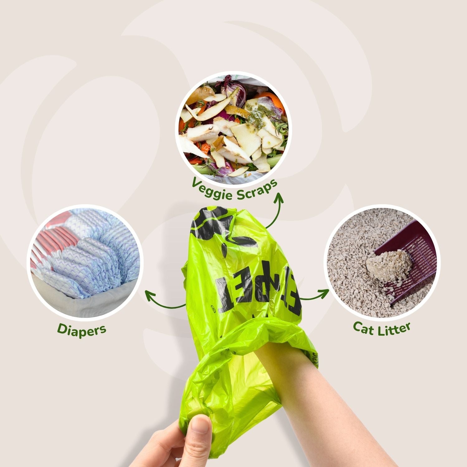 Person holding a green compostable bag with icons for veggie scraps, diapers, and cat litter.