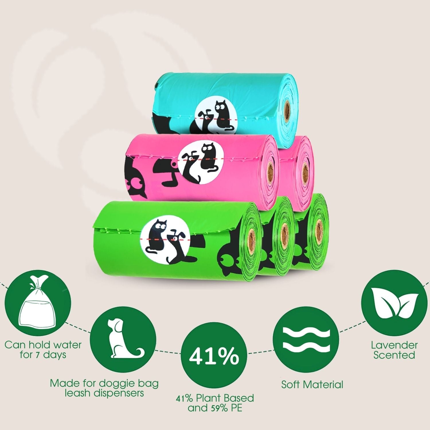 Three rolls of dog waste bags in green, pink, and blue with a cat design on a beige background.