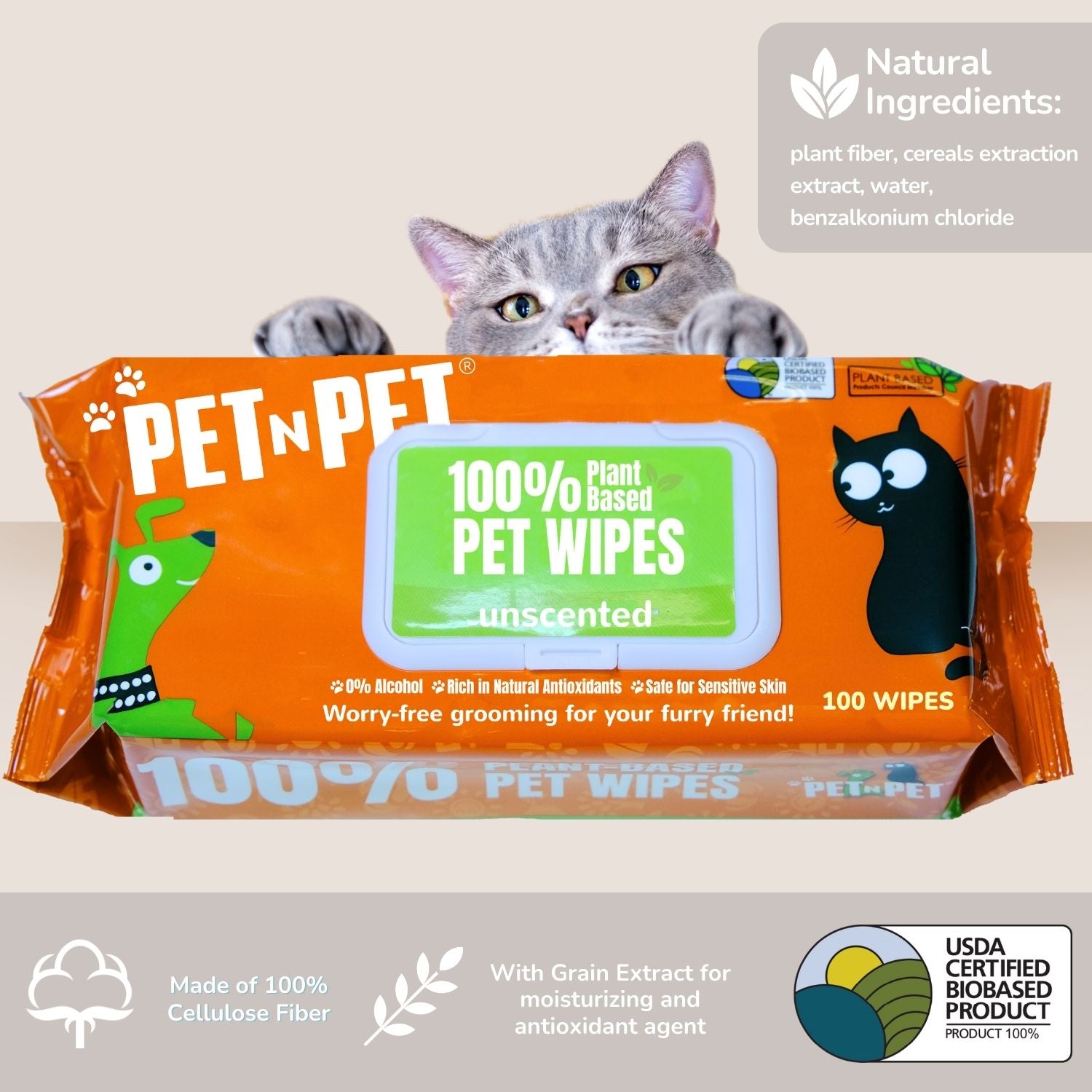 PETnPET 100% plant-based pet wipes packaging with a cat peeking out.