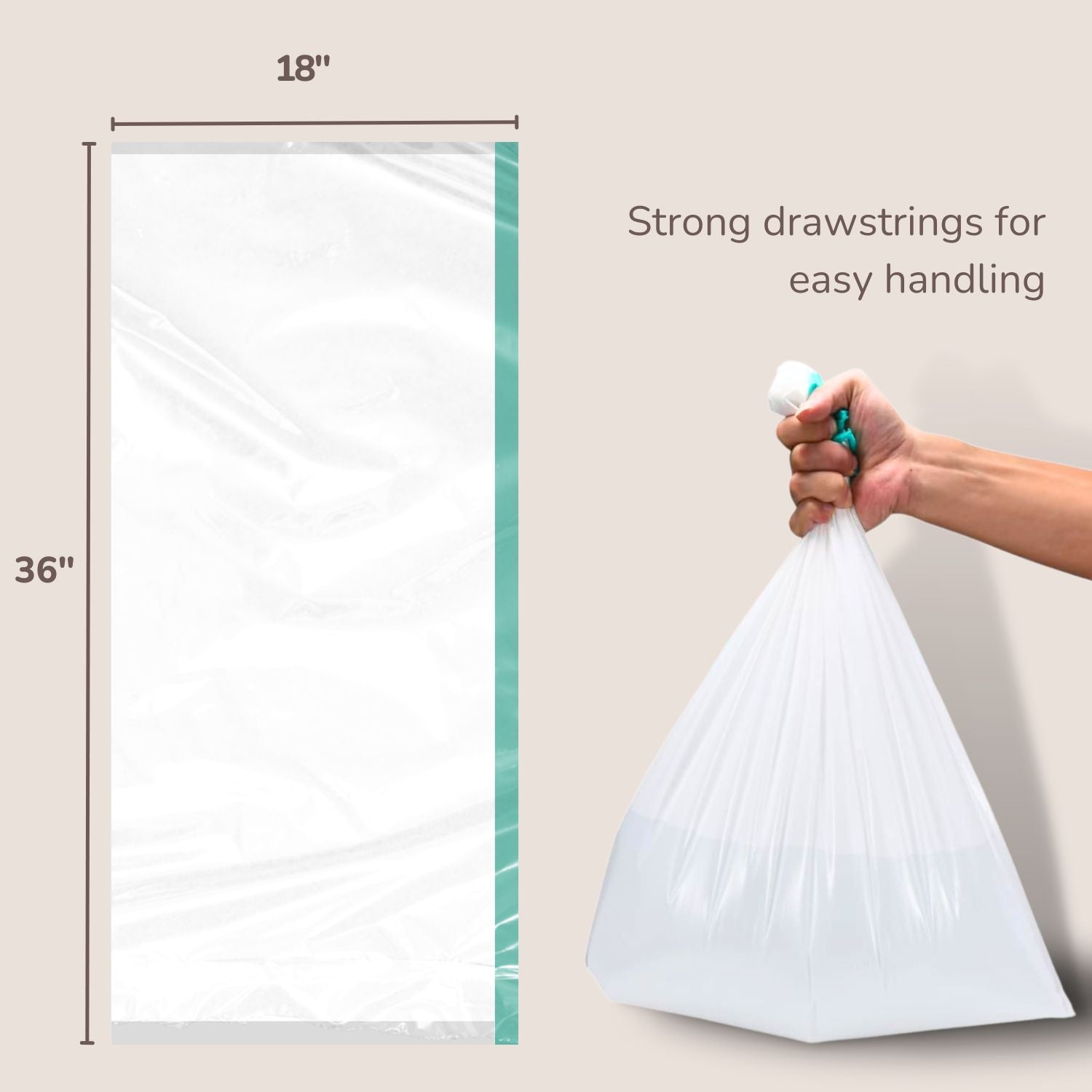 White trash bag with dimensions and a hand holding it, showing strong drawstrings.