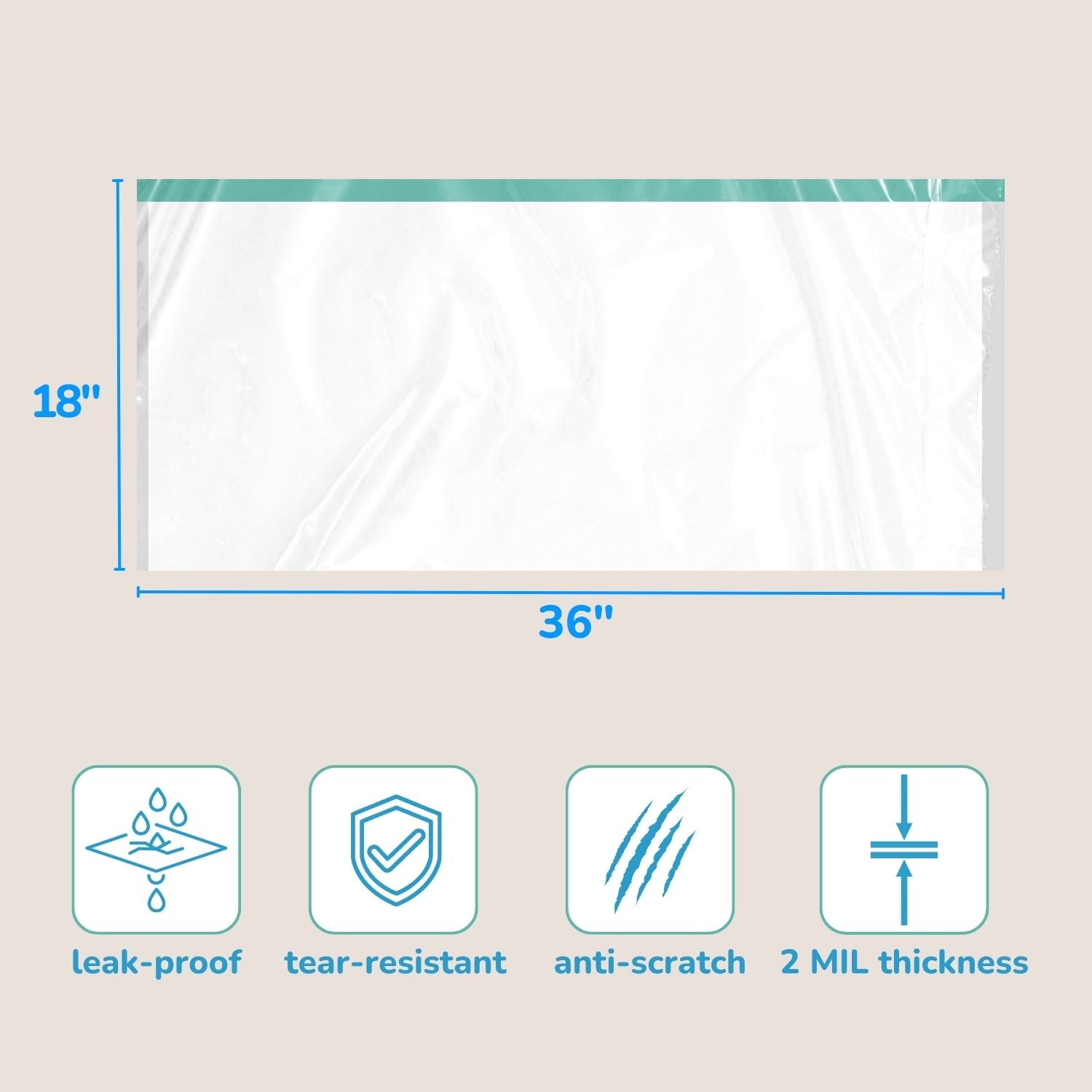 Measurement chart of a clear plastic sheet with dimensions and features on a beige background