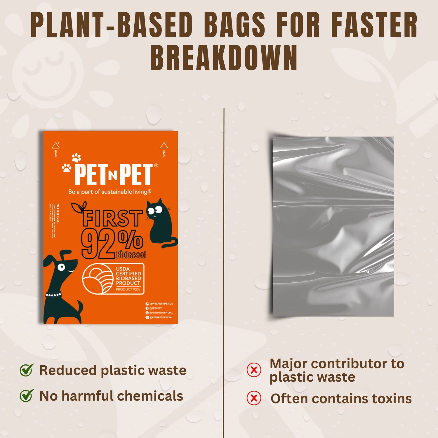 Comparison of Pet-N-Pet plant-based bags with traditional plastic bags on a light background.
