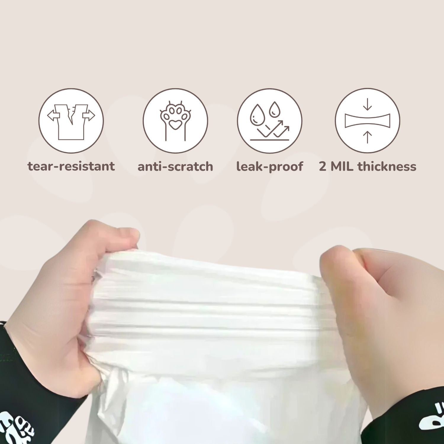 Hands holding a stack of white plastic bags with icons and text indicating features like tear-resistance, anti-scratch, leak-proof, and 2 MIL thickness.