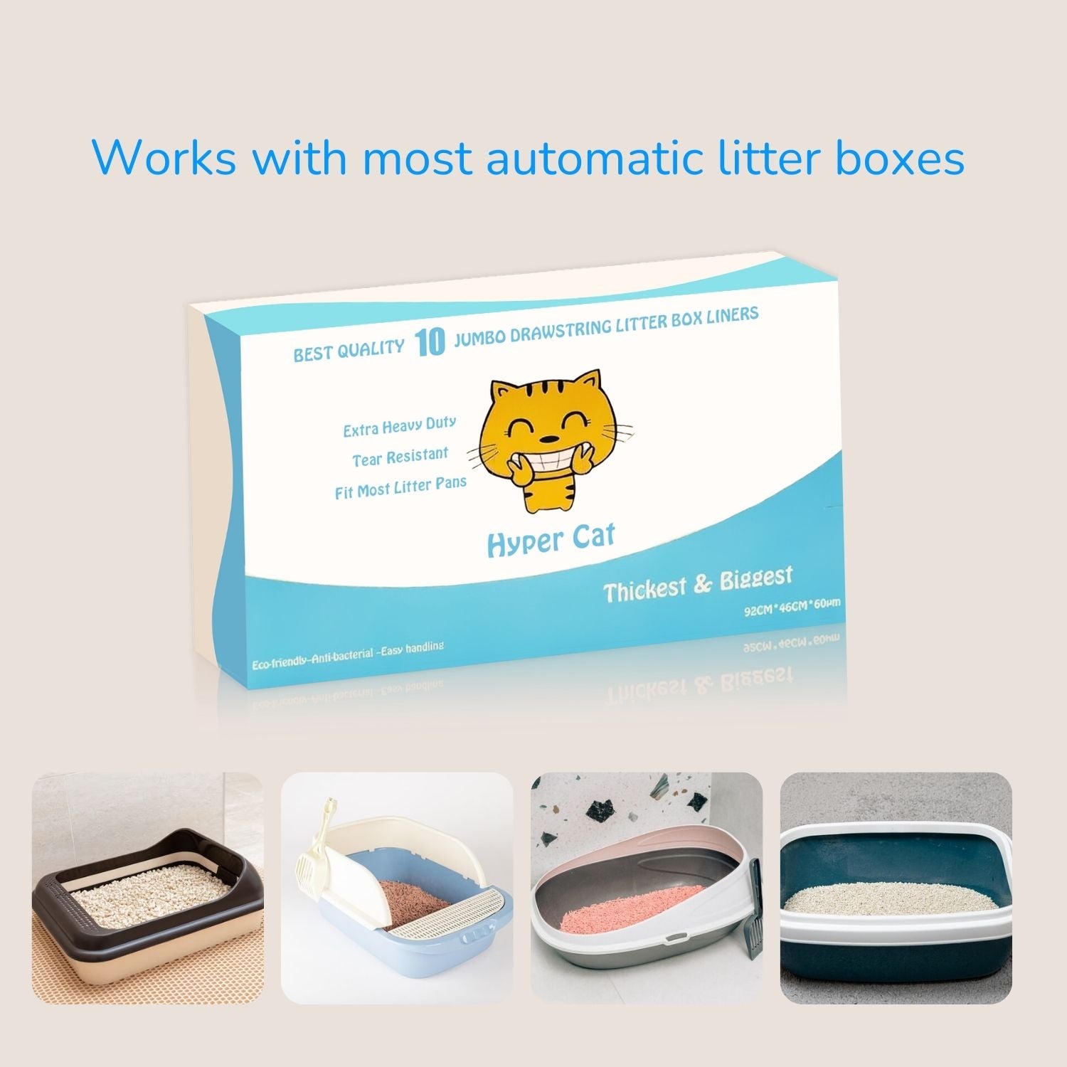 Box of Hyper Cat litter box liners with images of litter boxes on a beige background