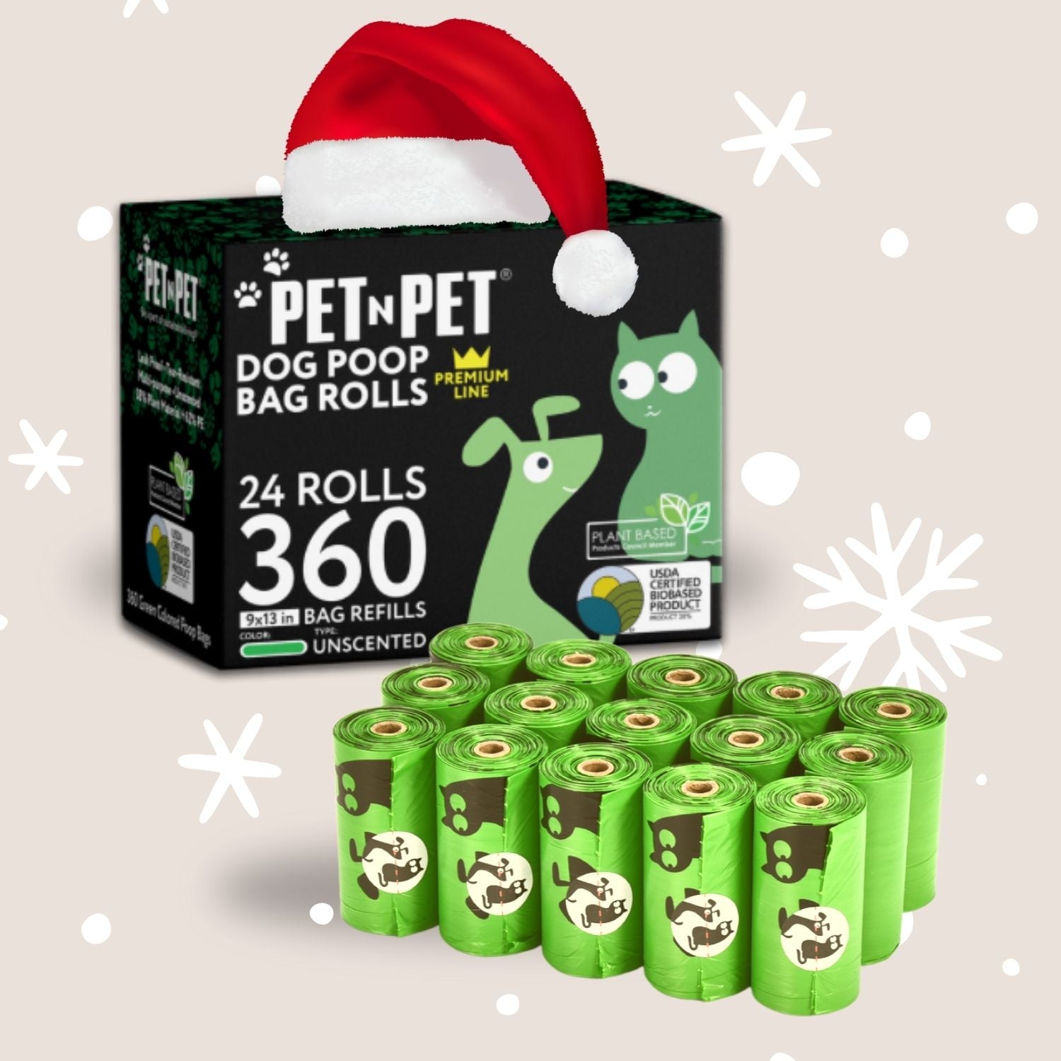 Box of Pet N Pet dog poop bag rolls with green bags and a Santa hat on a light background.