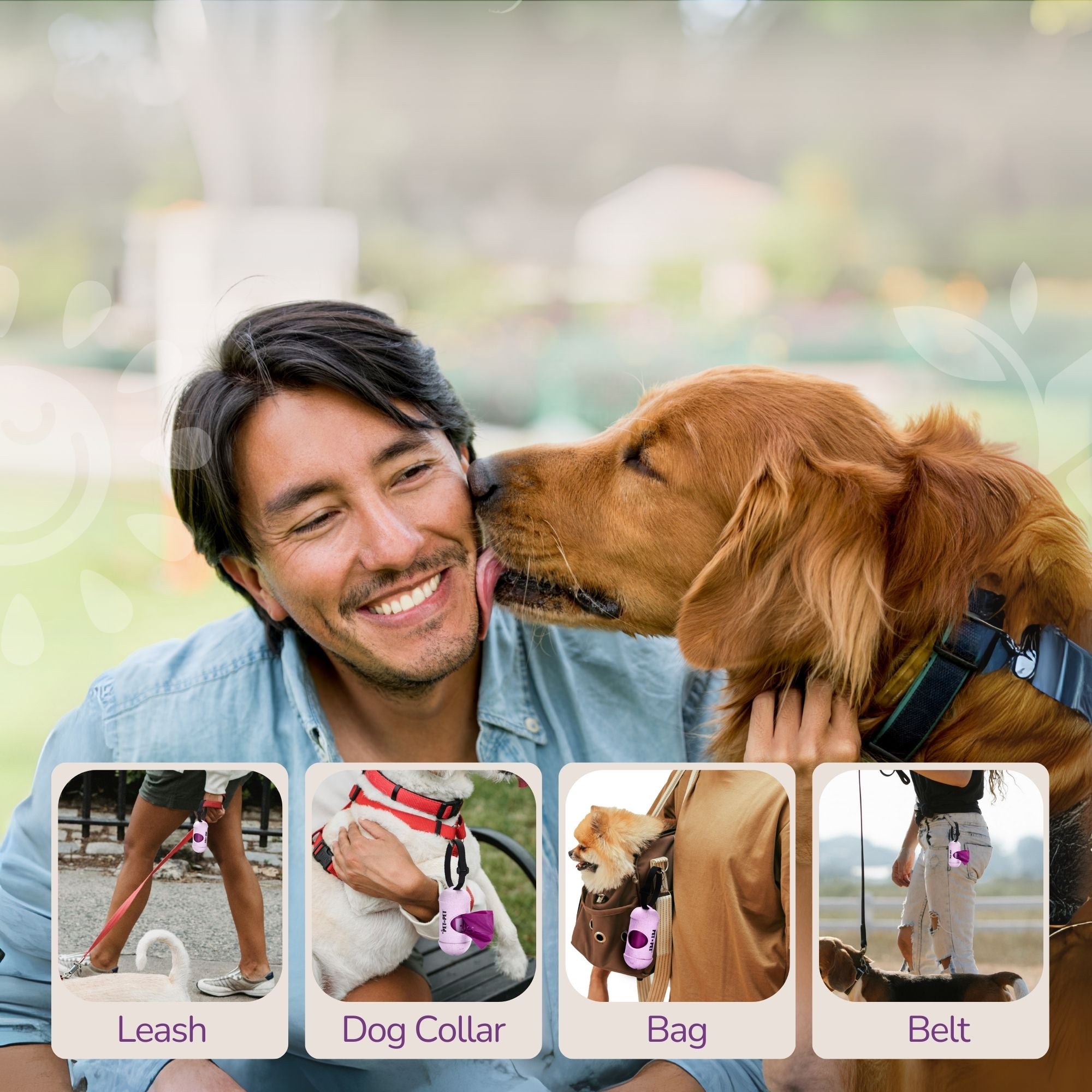 Man with a dog in a park, with inset images of pet accessories.