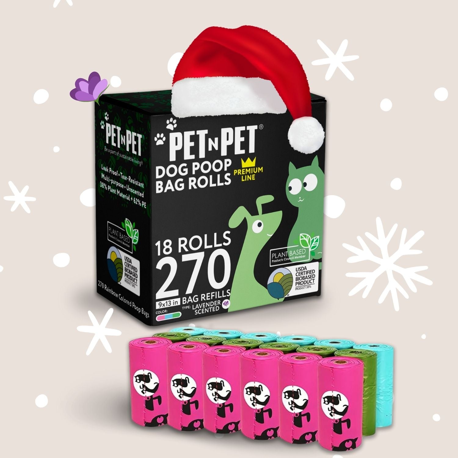 Pet N Pet holiday dog poop bag product image showing an 18 roll box with 270 lavender scented bags and colorful pink, green, and blue bag rolls displayed in front, decorated with a Santa hat and festive snowflakes.
