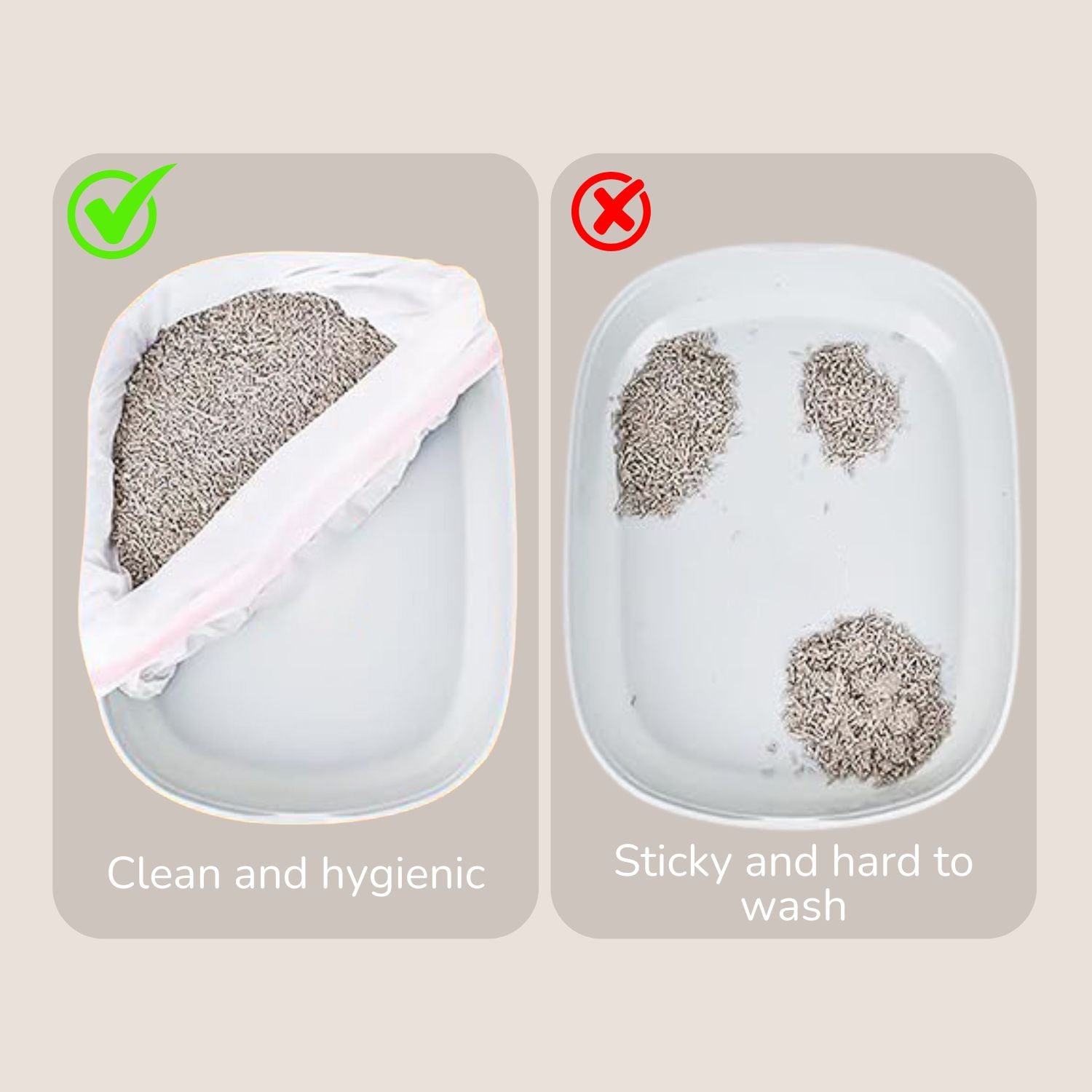 Comparison of clean and hygienic litter with sticky and hard-to-wash litter in a container.