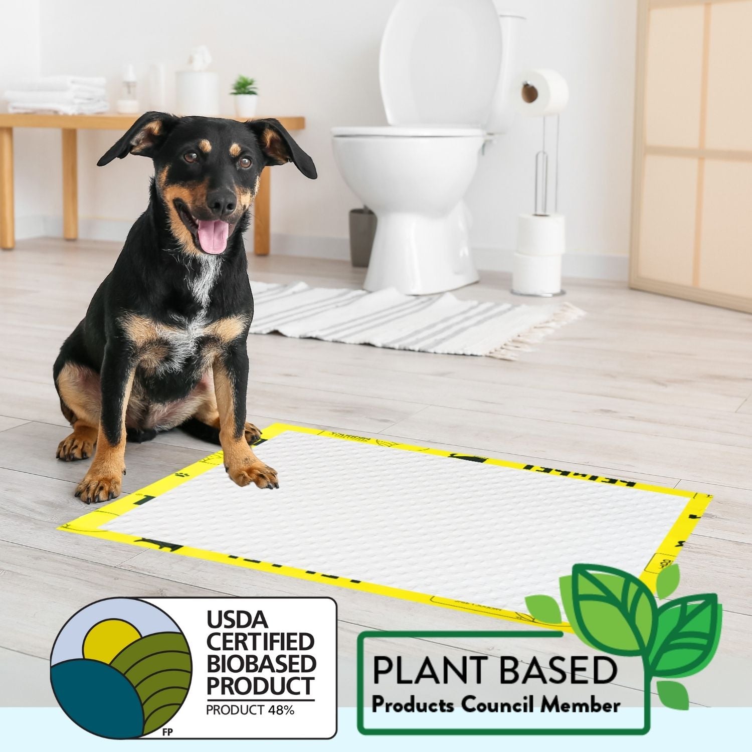 Dog sitting on a plant-based product mat in a bathroom with certification logos displayed.