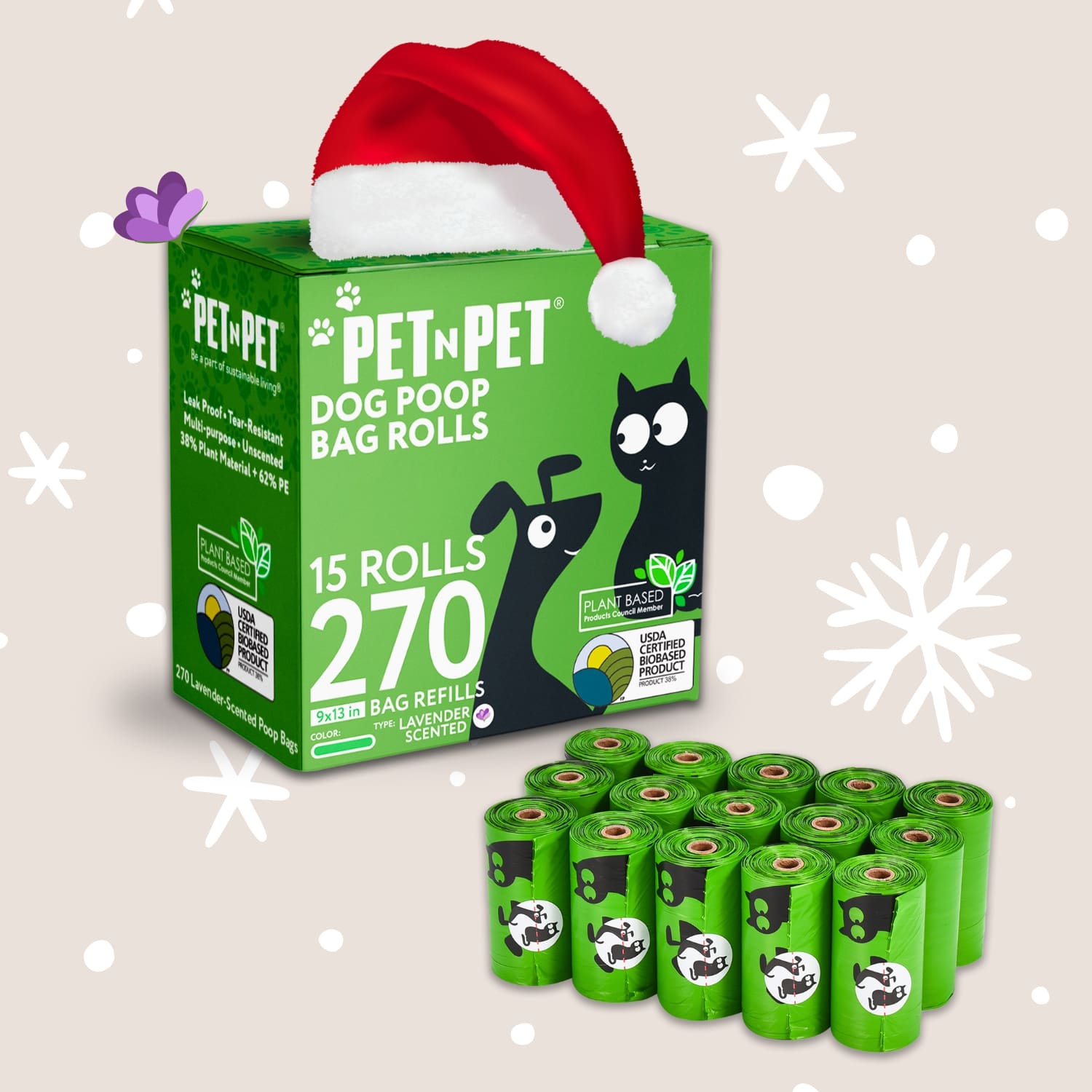 Box of Pet N Pet dog poop bag rolls with a Santa hat on a beige background with snowflakes.
