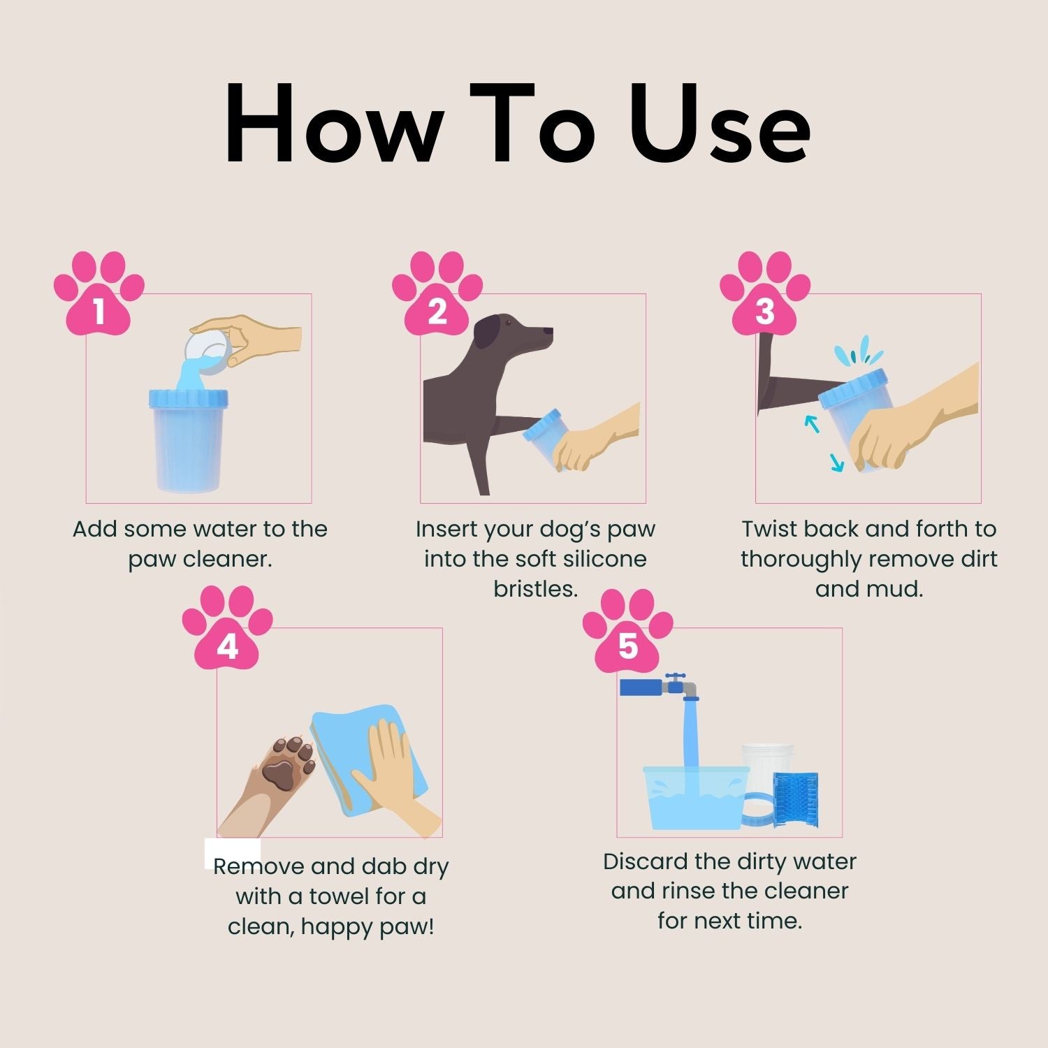 Instructions on how to use a paw cleaner for dogs with step-by-step illustrations.