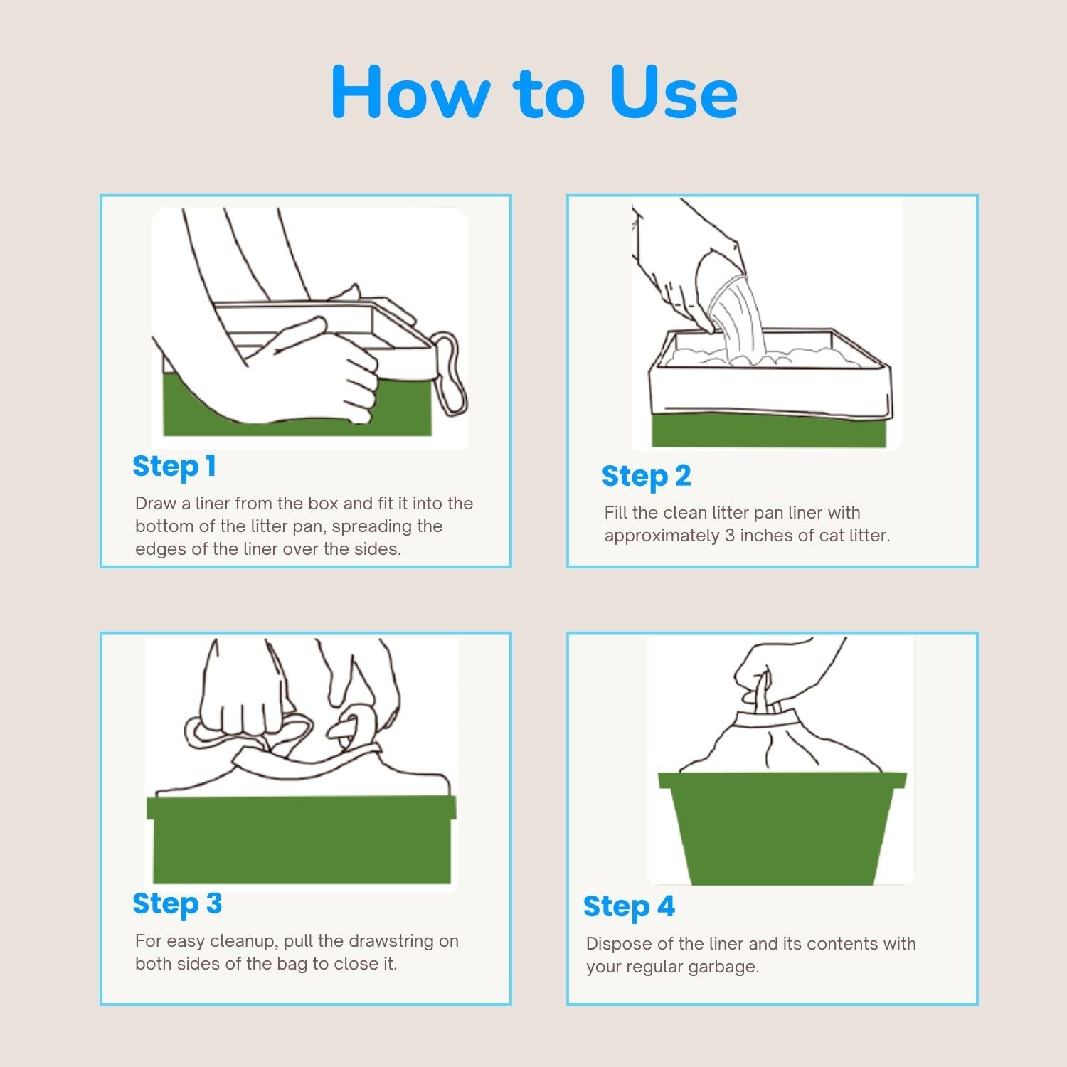 Step-by-step instructions on how to use cat litter pan liners with illustrations and text.