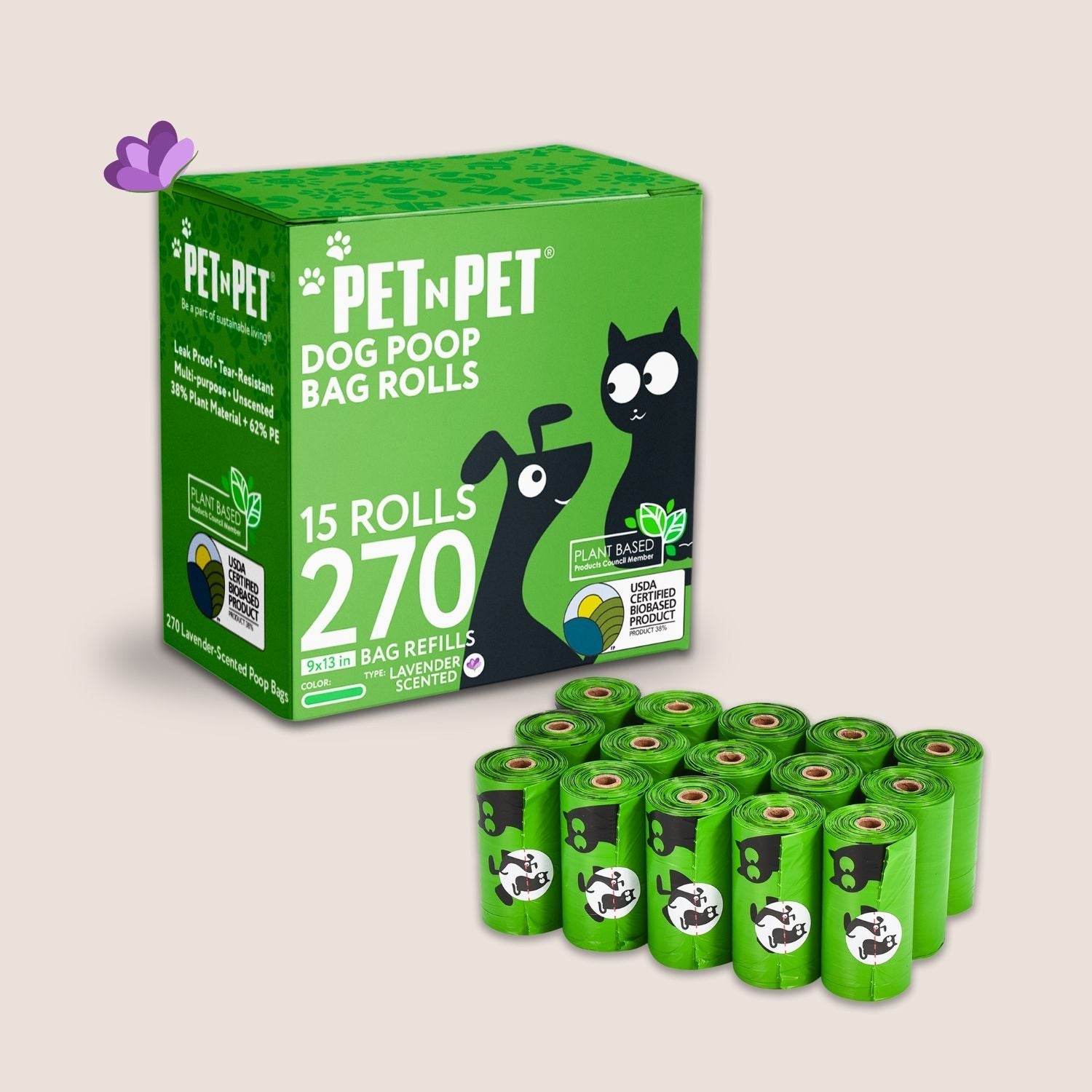 Box of Pet 'n Pet dog poop bag rolls with multiple bags displayed in front on a beige background