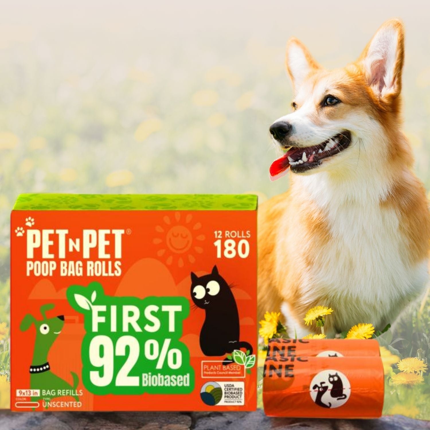 Pet-N-Pet poop bag rolls with a dog in a natural setting